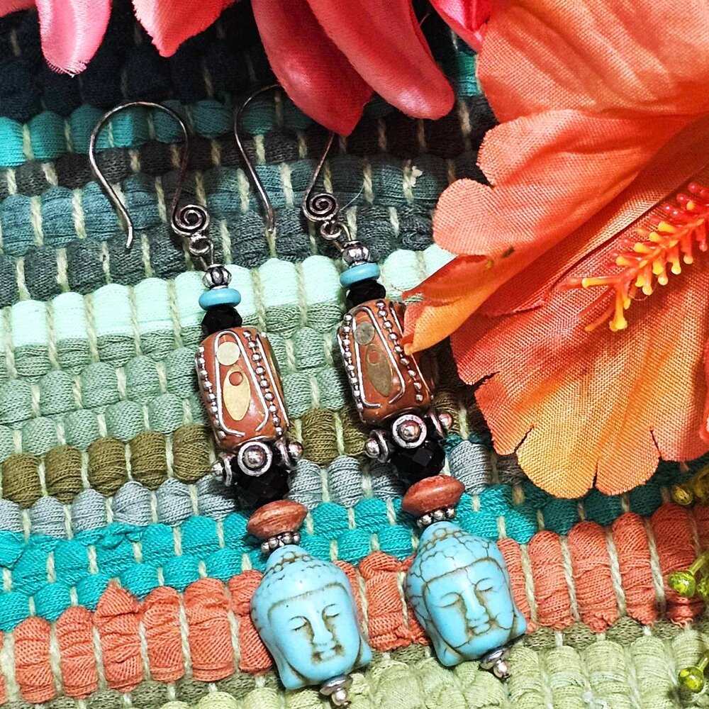 Artisan Hand Crafted Earrings Buddha Turquoise Russet Silver Black Beads Pierced - Picture 7 of 7